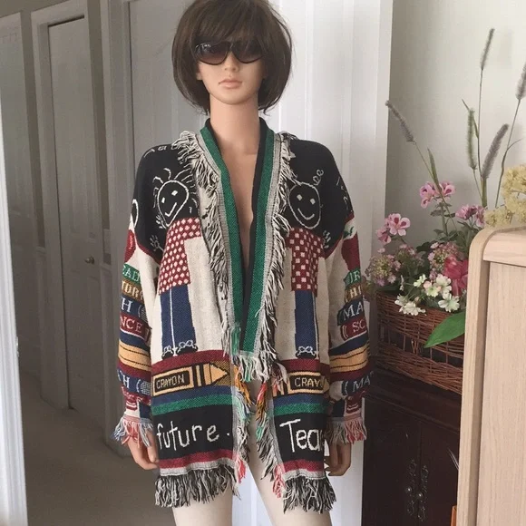 NWOT Lindy Dodds Artwear Fringe Knit Cardigan Jacket Teacher Theme - Picture 2 of 12